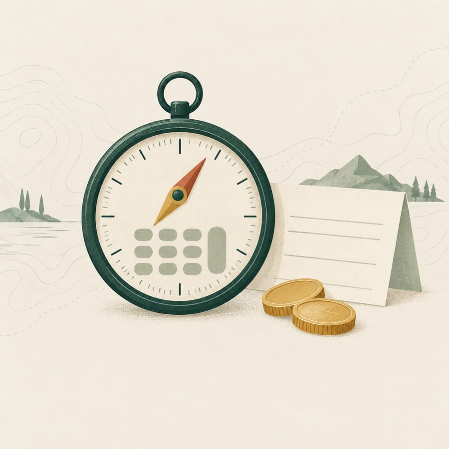 Illustration of a compass with a calculator keypad next to a paycheck
